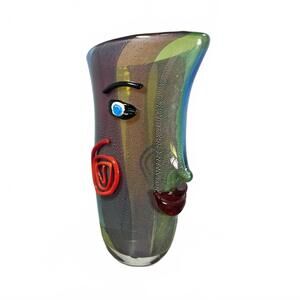 Vintage Murano 80s Double Sided Multicolor Glass Face Vase Applied Features